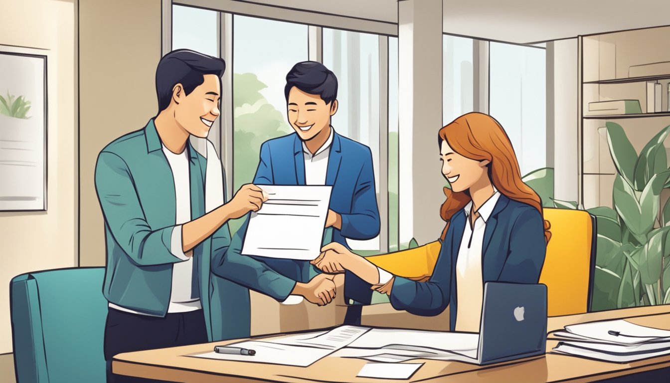 A smiling couple receives a letter of approval for their Maybank Creditable Term Loan in Singapore, with a bank representative shaking their hand in congratulations