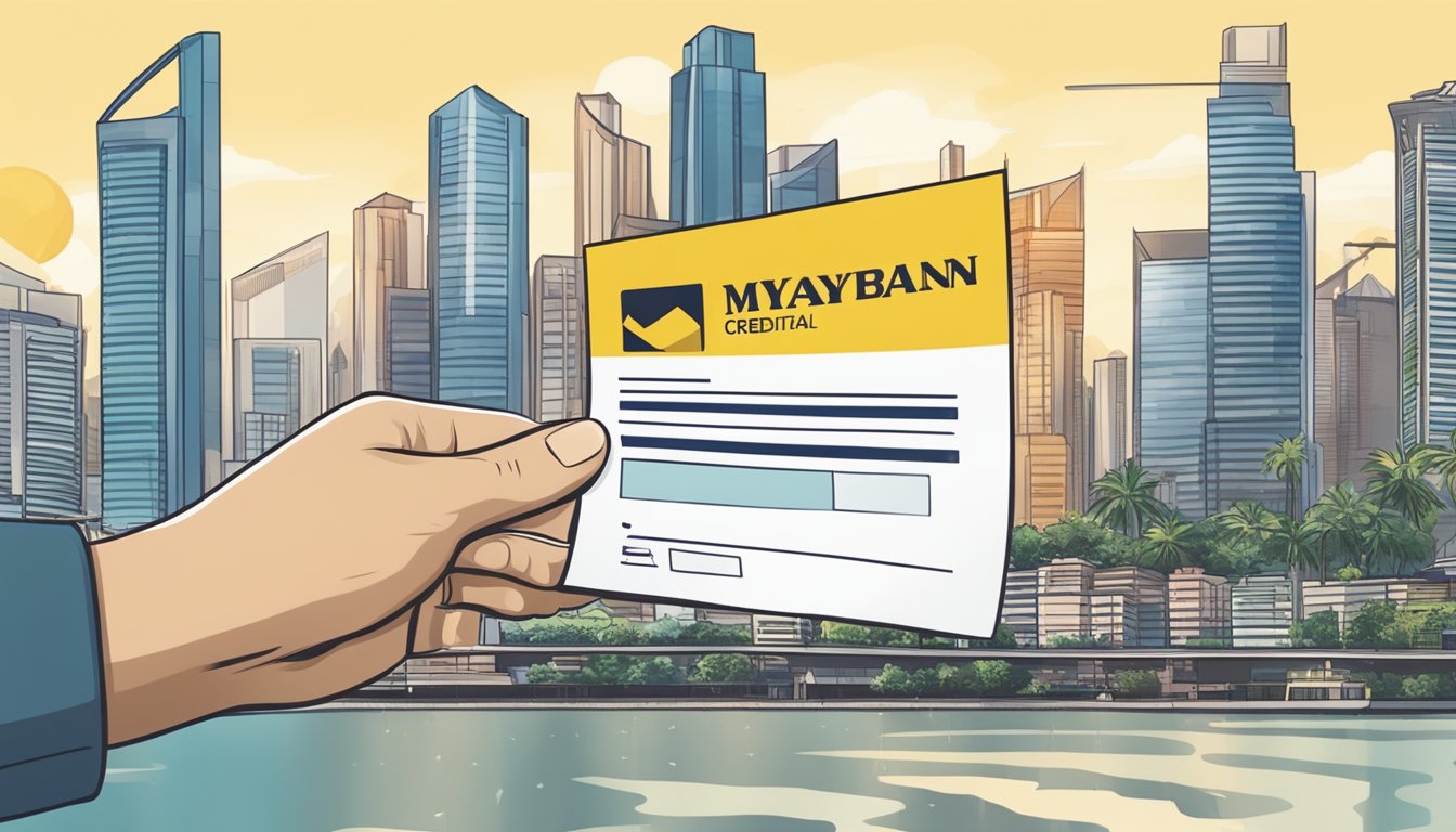 A hand holding a Maybank creditable term loan approval letter with a Singaporean cityscape in the background