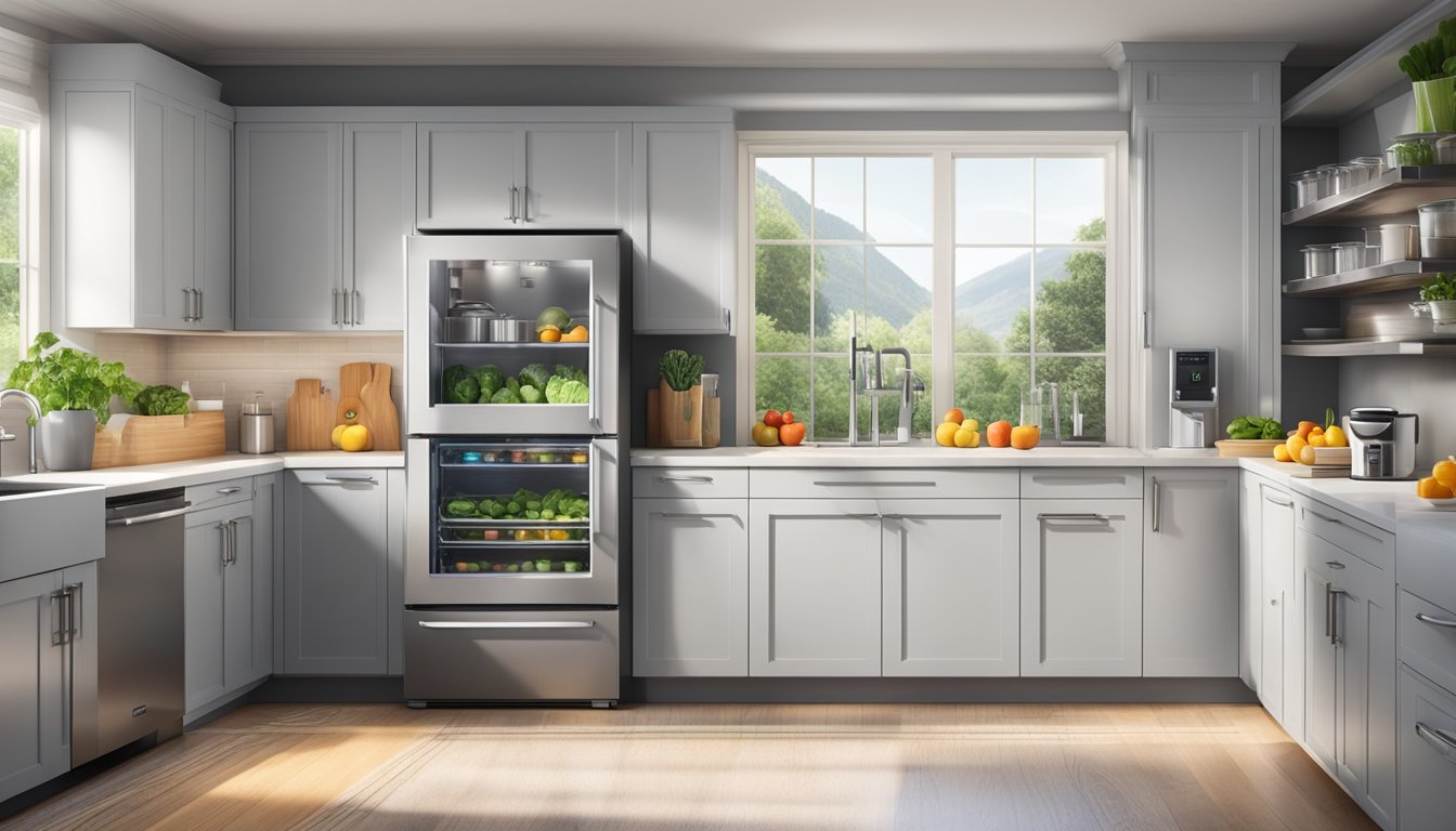 A brightly lit kitchen with a sleek, modern refrigerator stocked with fresh produce and neatly organized containers. The door is open, revealing spacious storage options and advanced cooling technology