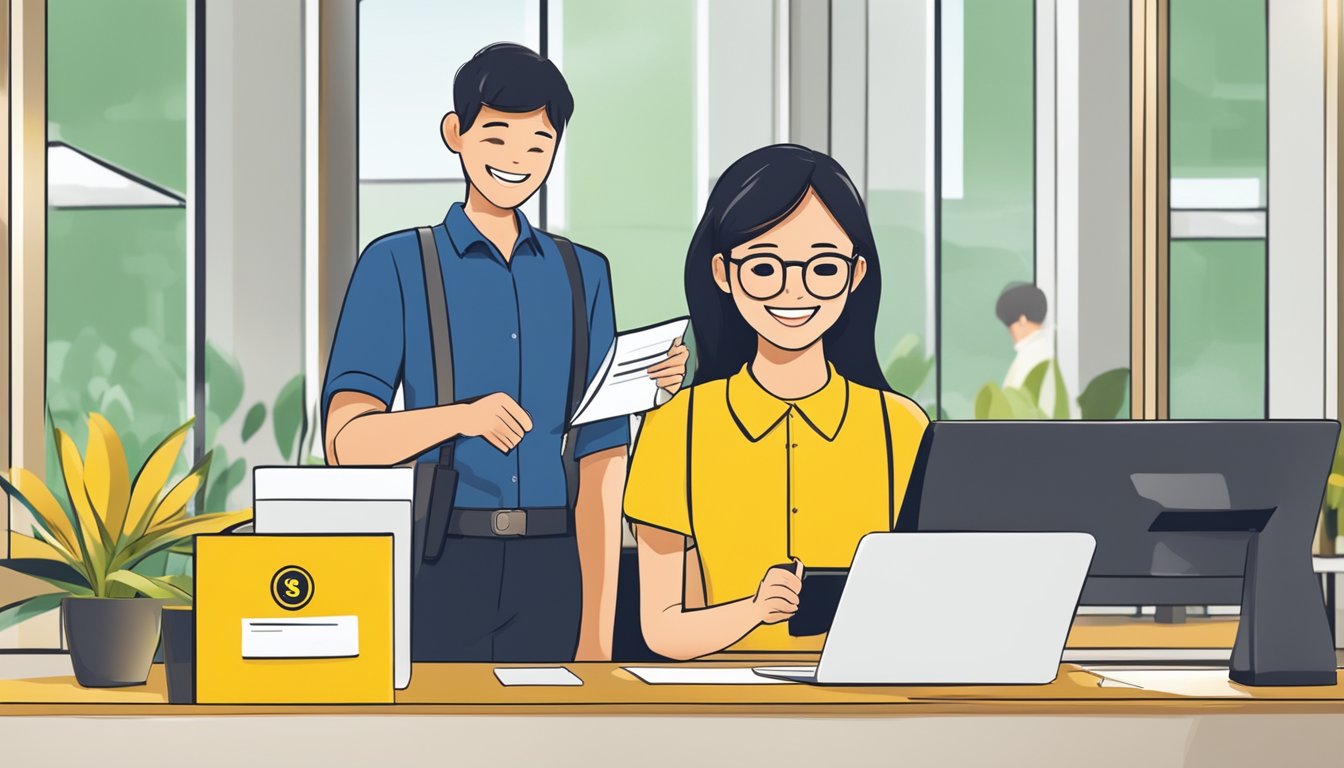 A smiling customer receives a notification of Maybank's creditable term loan approval in Singapore, with a customer support representative standing by for assistance