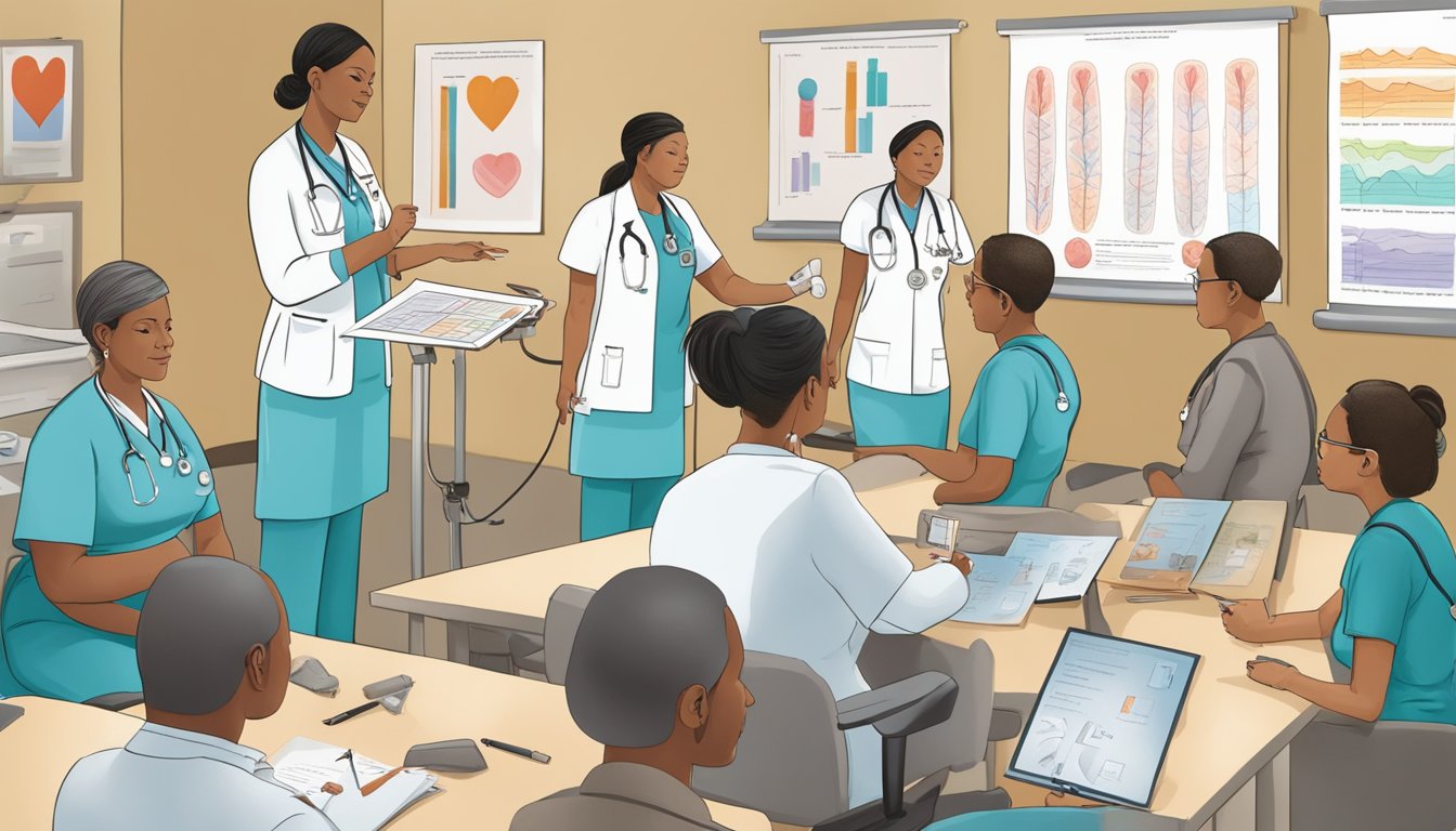 A nurse educates a group on heart failure care. Materials and charts are used for visual aids