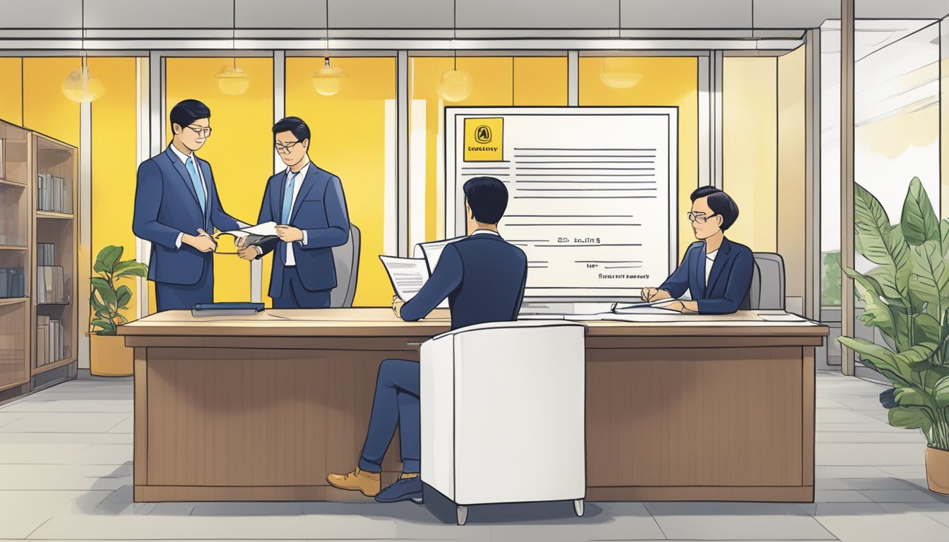 A person signing a loan agreement with Maybank in a Singapore office. The document displays "Creditable Term Loan Tenor" prominently