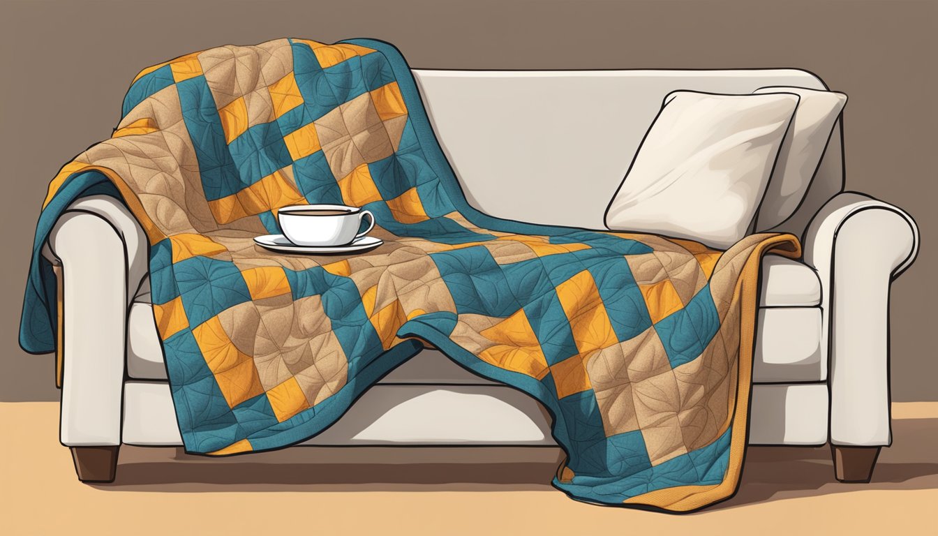 A cozy quilt blanket with "Frequently Asked Questions" pattern, draped over a sofa, with warm lighting and a cup of tea nearby