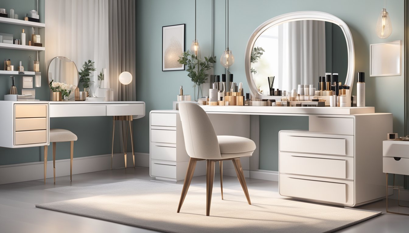 A sleek, modern dressing table in a well-lit room with a large mirror, a set of drawers, and a few elegant beauty products neatly arranged on the surface