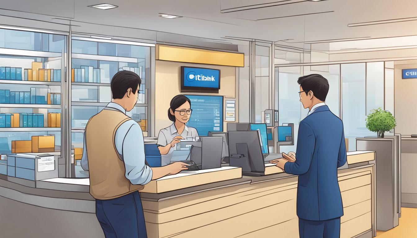 A customer at a Citibank branch in Singapore making a Quick Cash Loan repayment, with a bank teller assisting and explaining additional services and charges