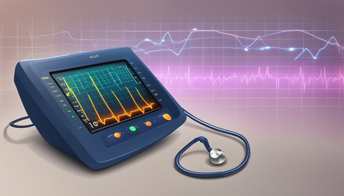 A heart monitor displays abnormal ECG waves, indicating a heart attack