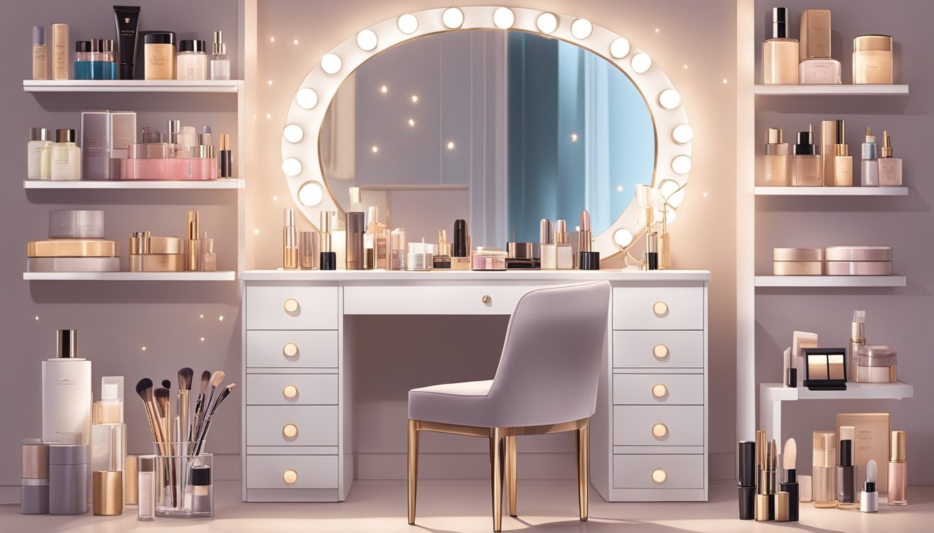 A woman sits at a sleek, white dressing table, surrounded by neatly organized cosmetics and a large mirror. The soft glow of the vanity lights adds a touch of glamour to the scene