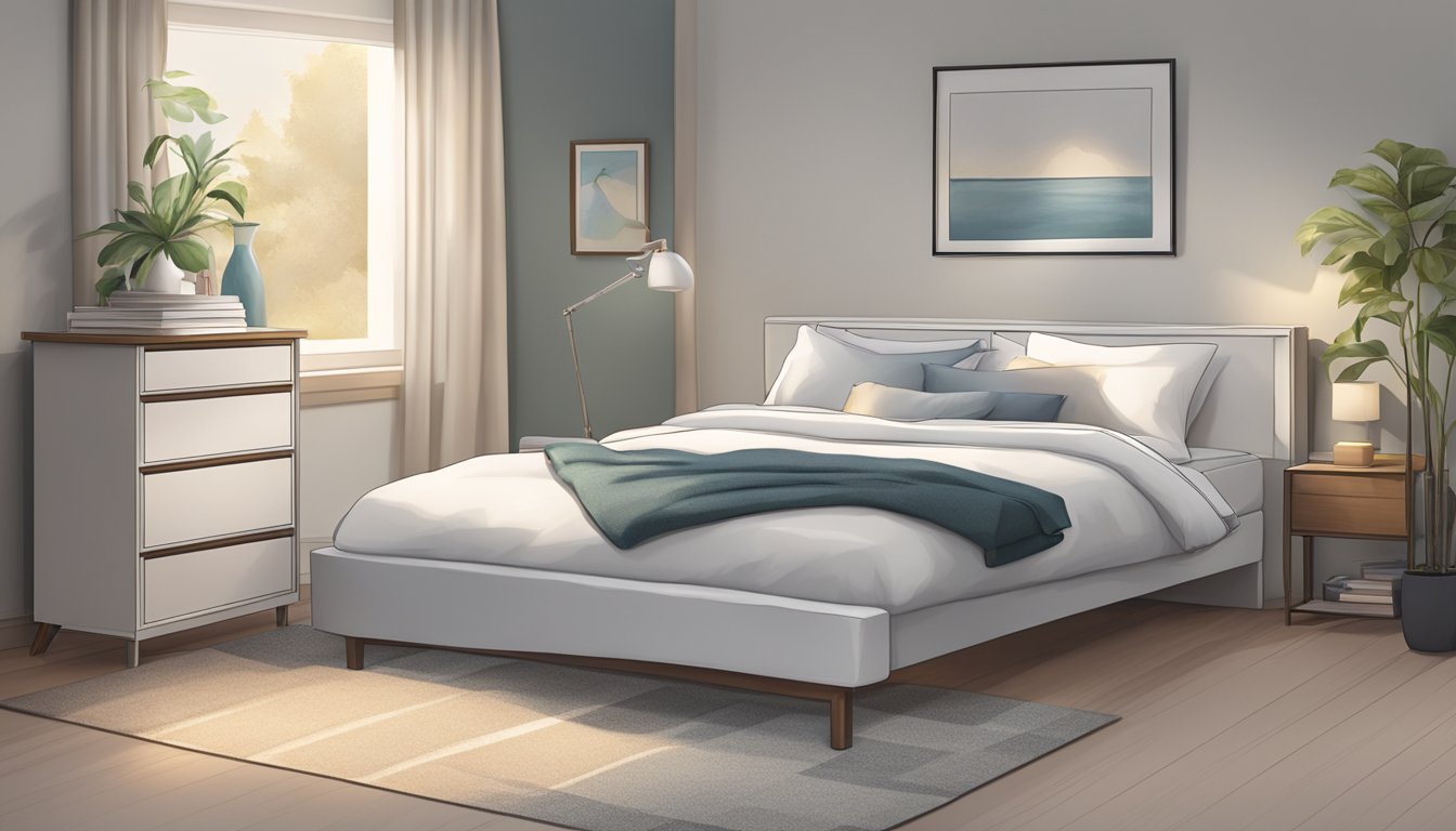 A single-size bed, 38 inches wide and 75 inches long, sits against a wall with a nightstand beside it. The bed is neatly made with a white duvet and pillows