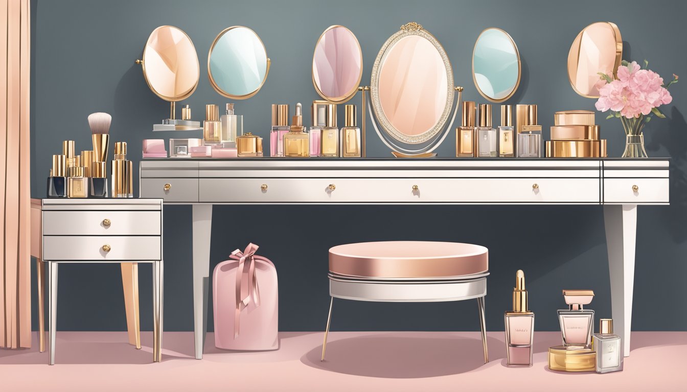 A sleek dressing table adorned with elegant mirrors, a collection of perfumes, and a tray of jewelry, set against a backdrop of soft, ambient lighting