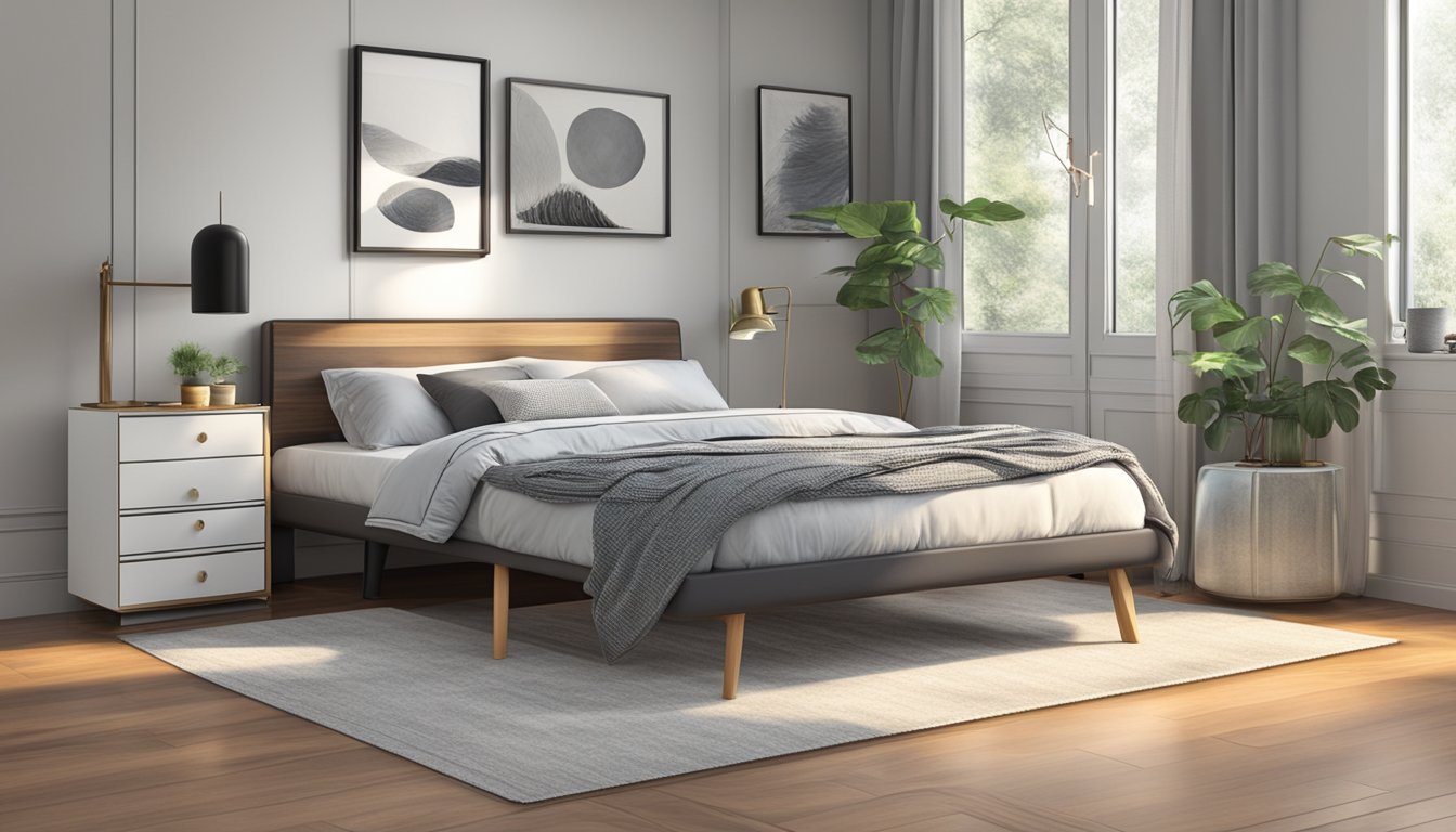 A single size bed sits in a cozy bedroom, fitting perfectly within the space. The dimensions of the bed are highlighted, showing its suitability for smaller rooms