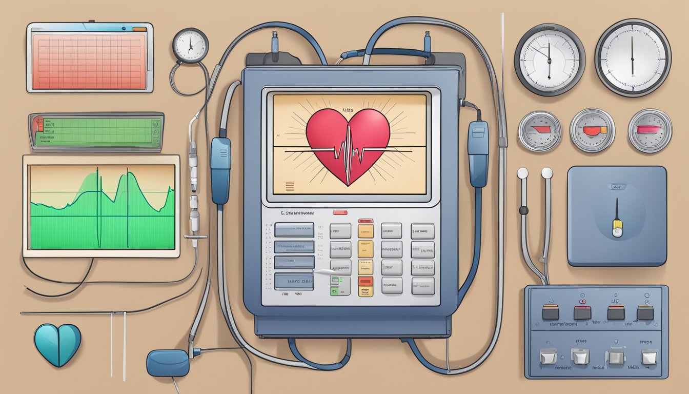 ECG machine displaying abnormal heart rhythms, surrounded by risk factors like smoking, high cholesterol, and stress