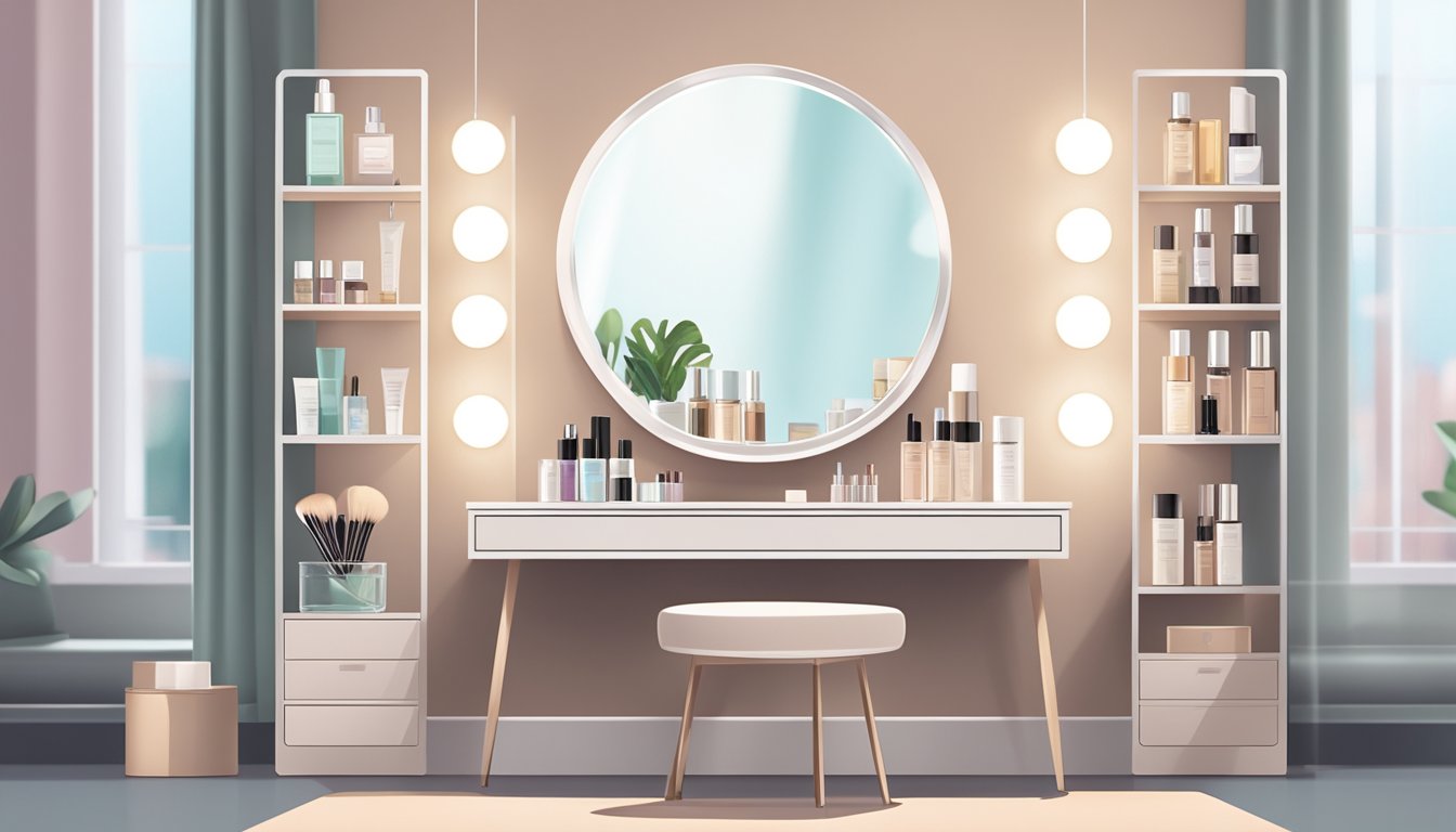 A sleek and modern dressing table in a well-lit room with neatly organized makeup and skincare products. A mirror reflects the table's surface