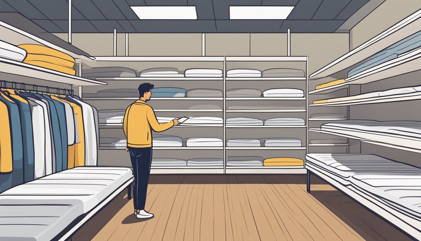 A person browsing through a variety of 10cm mattress options in a store, with different brands and materials displayed on shelves and racks
