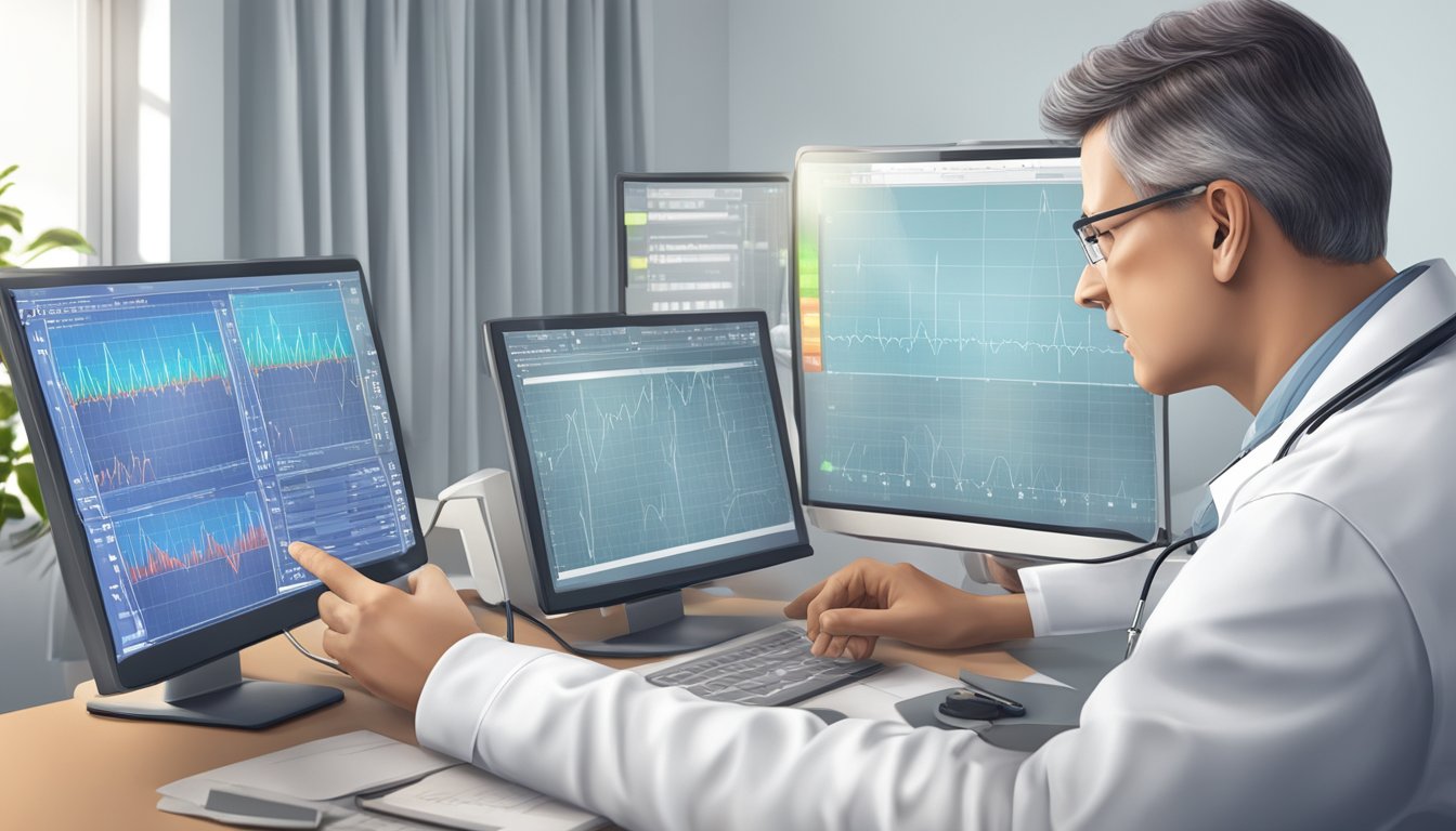 A medical professional analyzing ECG results of a heart attack patient for treatment and management