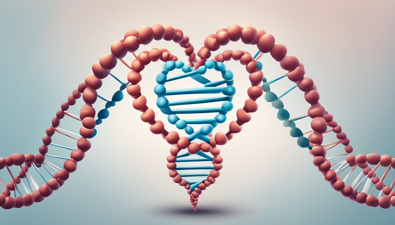 A DNA double helix with a heart symbol overlaid, representing the genetic basis of heart disease