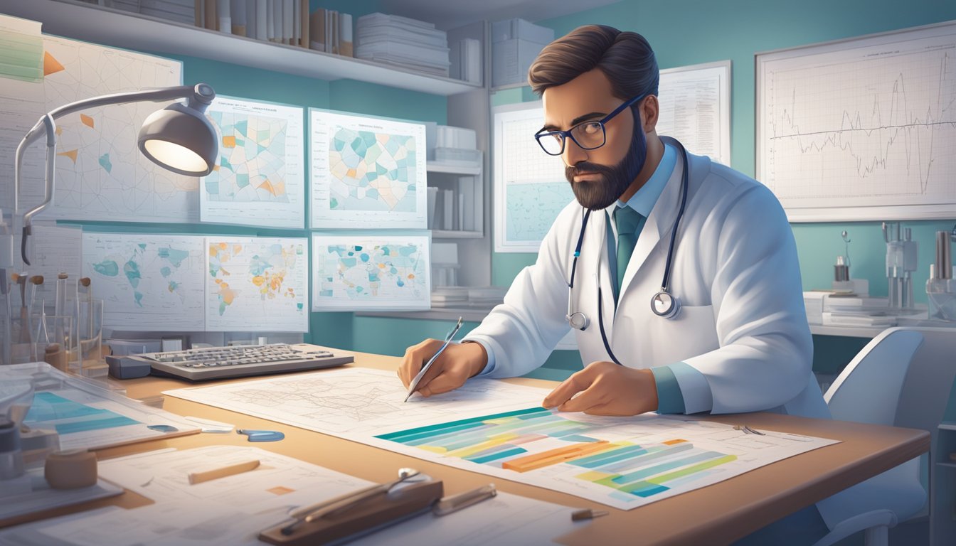 A doctor examines a genetic map of a heart, surrounded by medical charts and equipment
