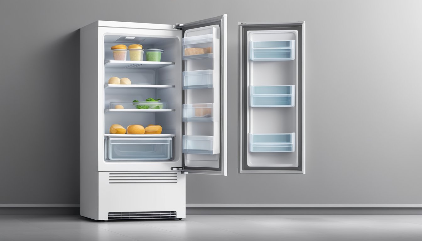 A white upright freezer stands against a kitchen wall, its door closed and handle visible