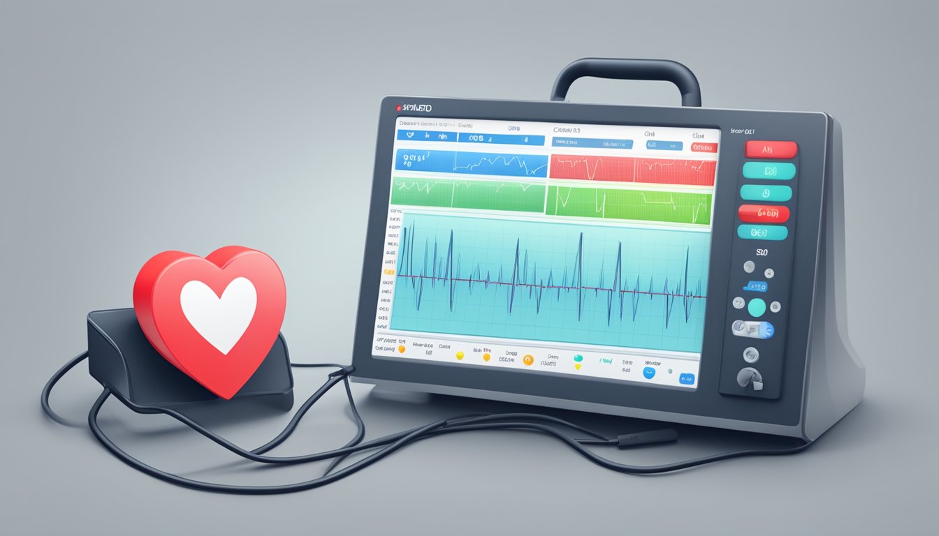 A heart monitor displaying abnormal ECG results with FAQ signs nearby