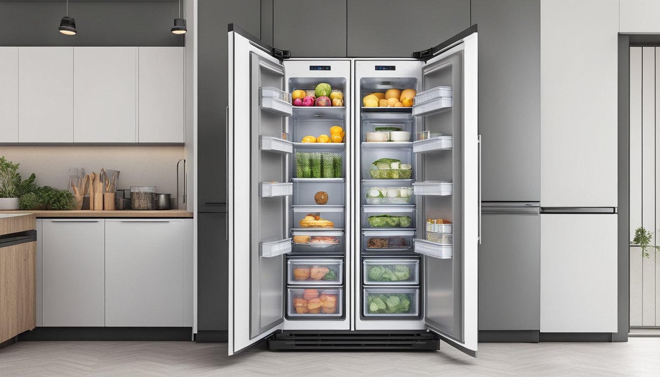 An upright freezer stands tall, with multiple shelves and compartments for organized storage. Its sleek design and energy-efficient features make it a practical addition to any kitchen or storage space