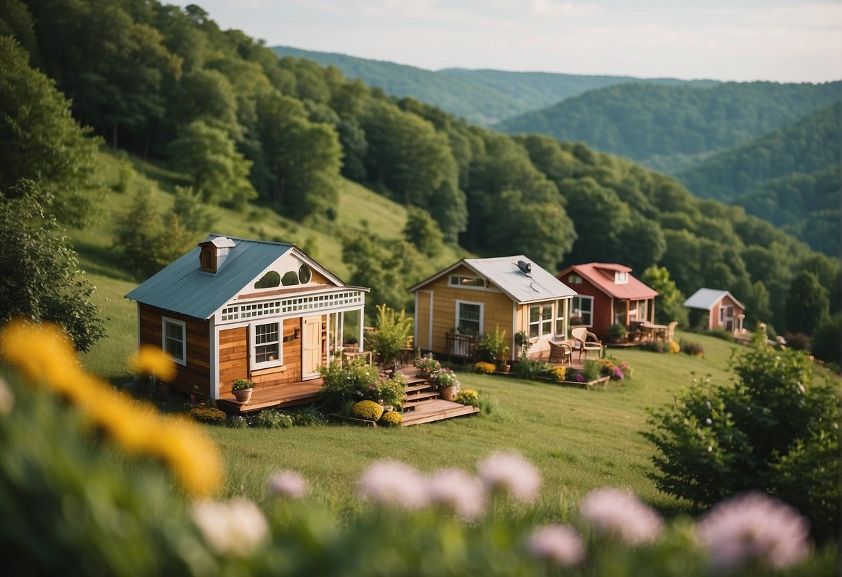 A cluster of tiny houses nestled among the rolling hills of Tennessee, surrounded by lush greenery and dotted with colorful gardens and communal gathering areas