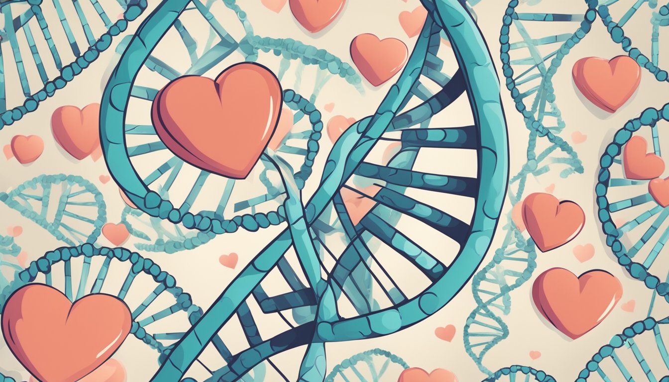 A DNA strand with a heart symbol in the center, surrounded by question marks