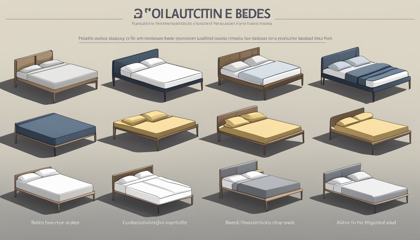 Multiple beds displayed on a website, with varying styles and sizes. Each bed is shown from different angles, with detailed descriptions and prices listed below