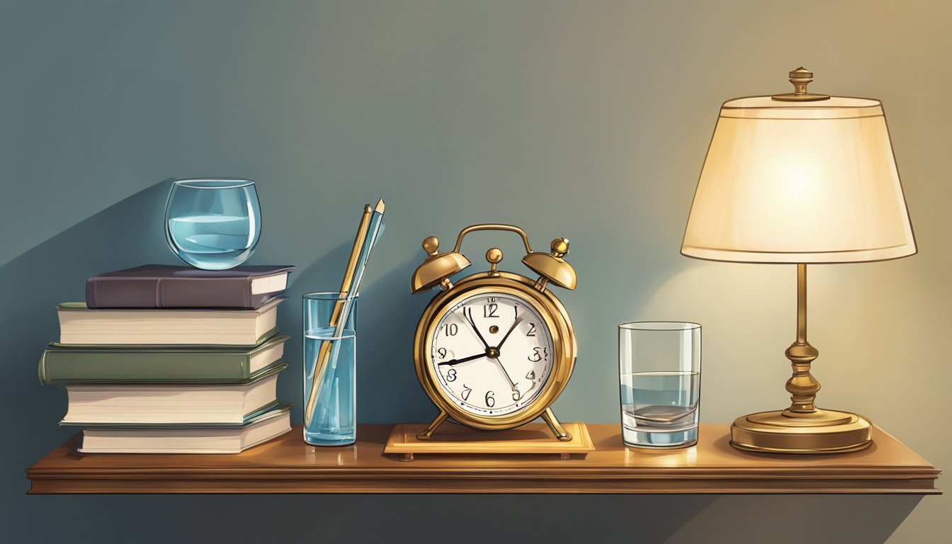 A bedside shelf holds a lamp, book, and glass of water. A clock sits on the edge, casting a soft glow