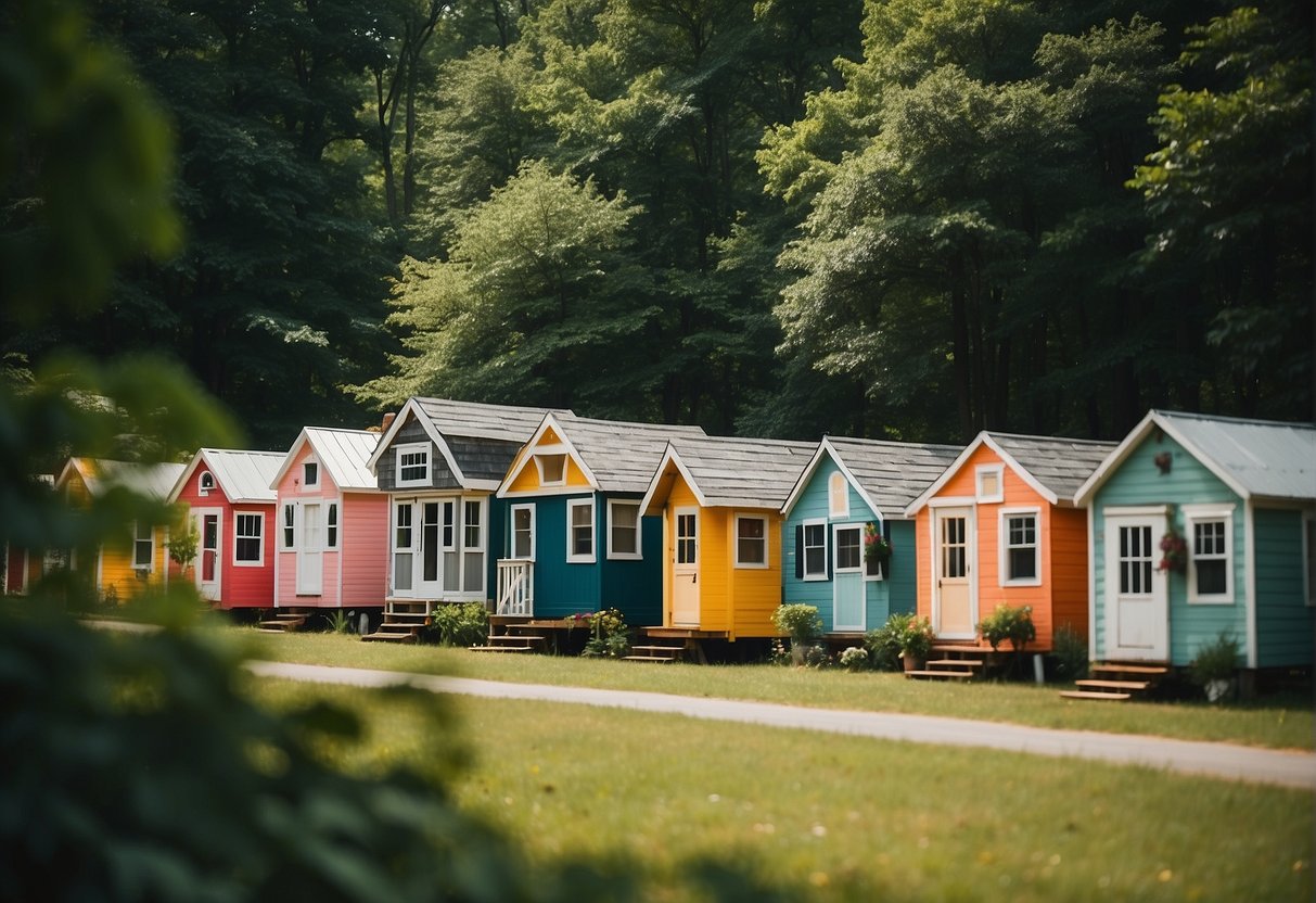 A cluster of colorful tiny houses nestled among lush green trees in a serene Tennessee community