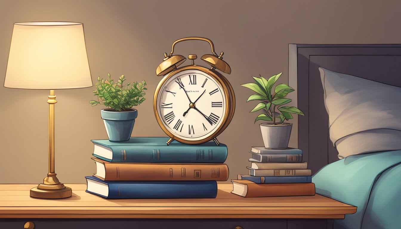 Books, a lamp, and a clock sit on a wooden bedside shelf. A pair of glasses and a small plant add personal touches to the space