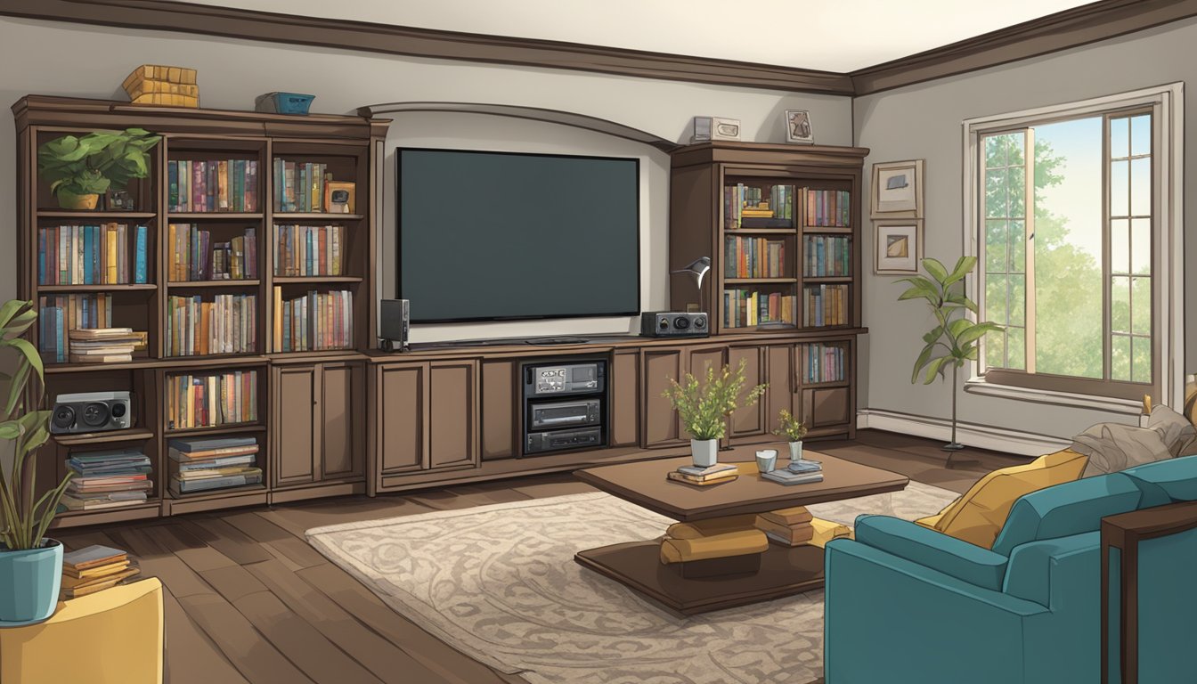 A cozy entertainment room with plush seating, a large flat-screen TV, surround sound speakers, and a mini bar. A shelf filled with DVDs and video games adds a personal touch