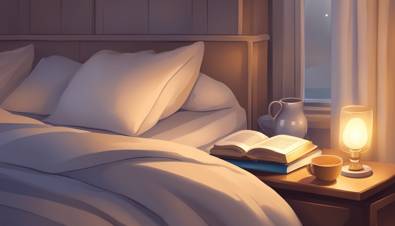 A bedside shelf holds a book, a cup of tea, and a lamp. The soft glow illuminates a cozy bed with fluffy pillows and a warm blanket