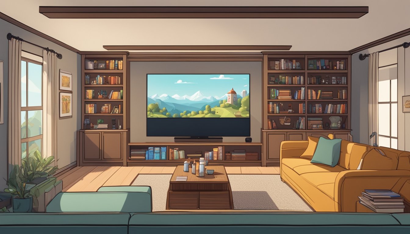 A cozy entertainment room with a large TV, comfortable seating, a gaming console, and shelves filled with movies, books, and board games. A small bar area with a mini fridge and a popcorn machine adds to the leisurely atmosphere