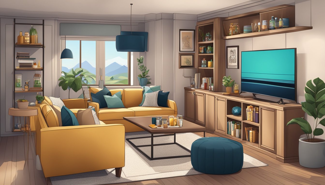 A cozy entertainment room with a wall-mounted TV, comfortable seating, shelves with board games, and a mini bar cart for snacks and drinks