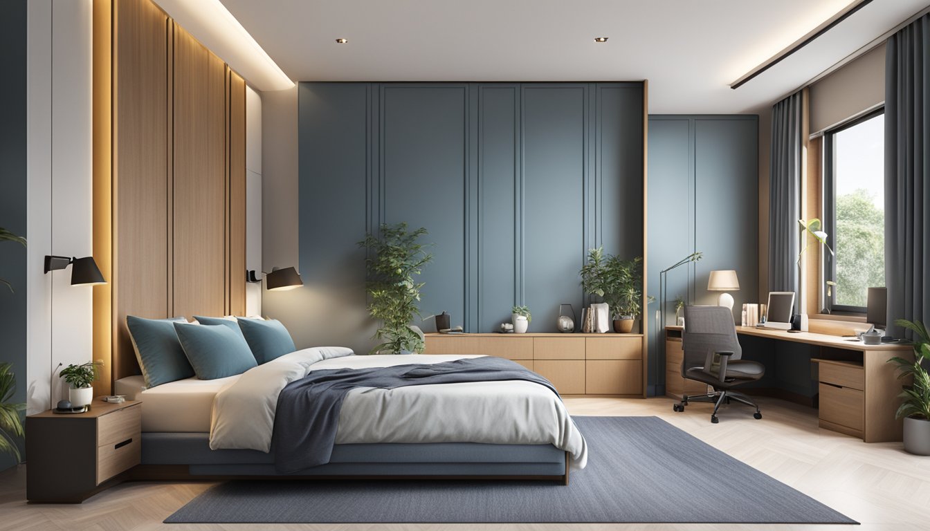 A king-size bed frame with storage in a modern Singapore bedroom