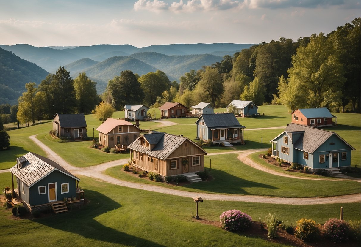 A cluster of tiny houses nestled in the Tennessee countryside, with a sign reading "Tiny House Community" at the entrance