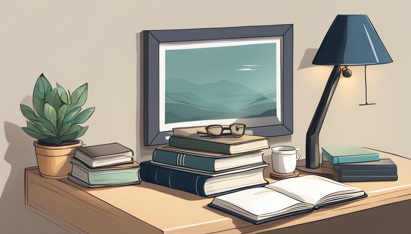 A bedside shelf holding a stack of books, a lamp, and a small plant. A clock sits on the edge, and a notepad with a pen is placed nearby