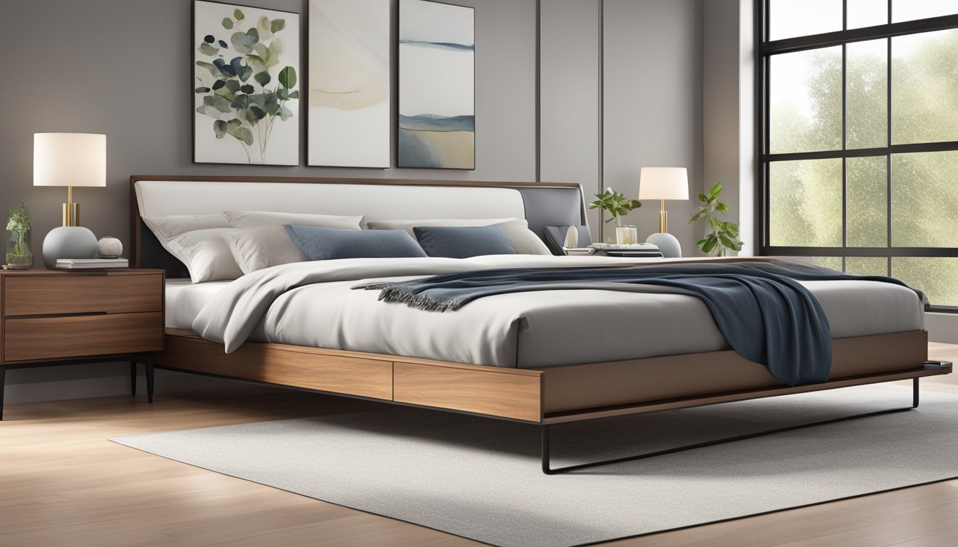 A sleek, modern king-size bed frame with built-in storage, made of high-quality materials like wood and metal, in a spacious and well-lit bedroom setting