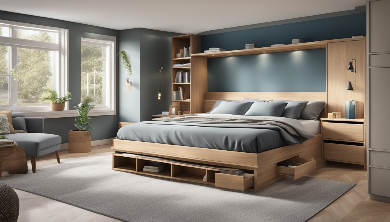 A spacious bedroom with a king-size bed frame featuring built-in storage compartments, maximizing the use of available space