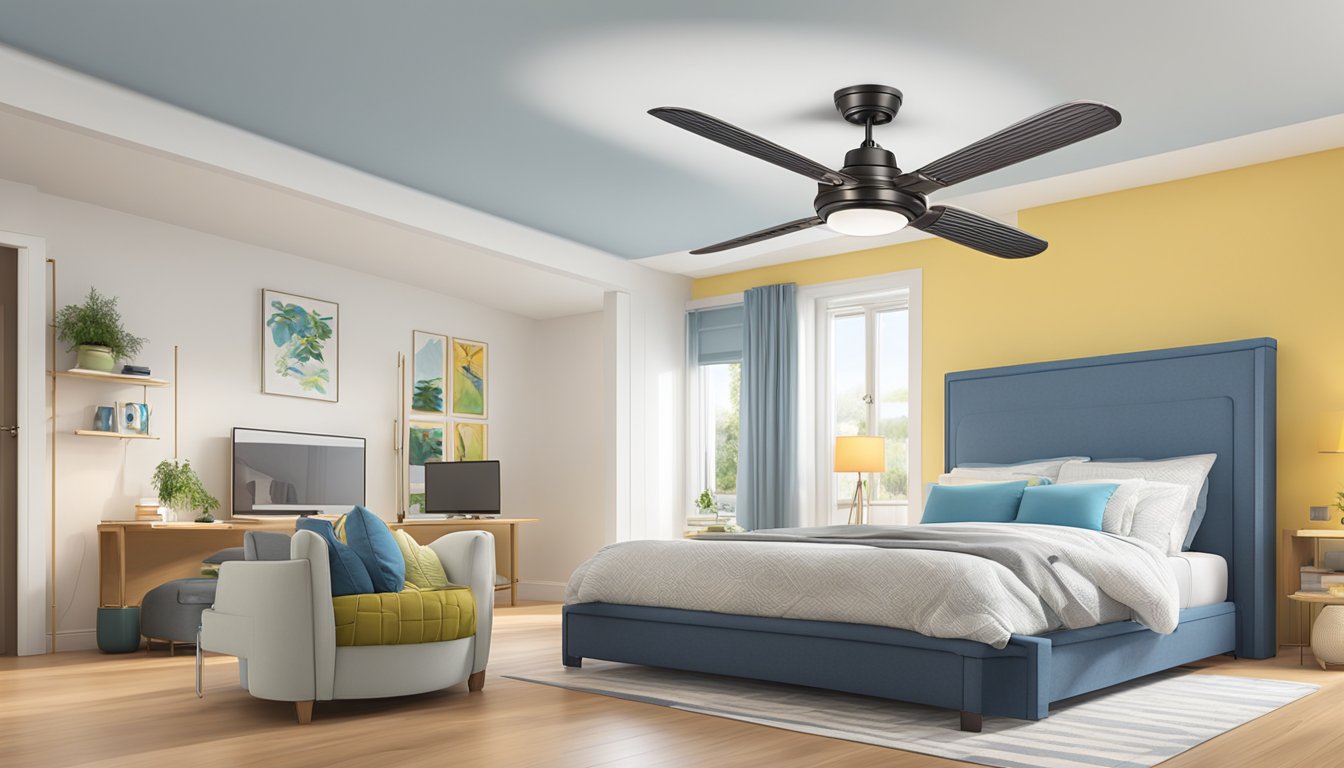 A 5-blade ceiling fan spins smoothly, while a 4-blade fan rotates slightly faster. Both fans are mounted on the ceiling