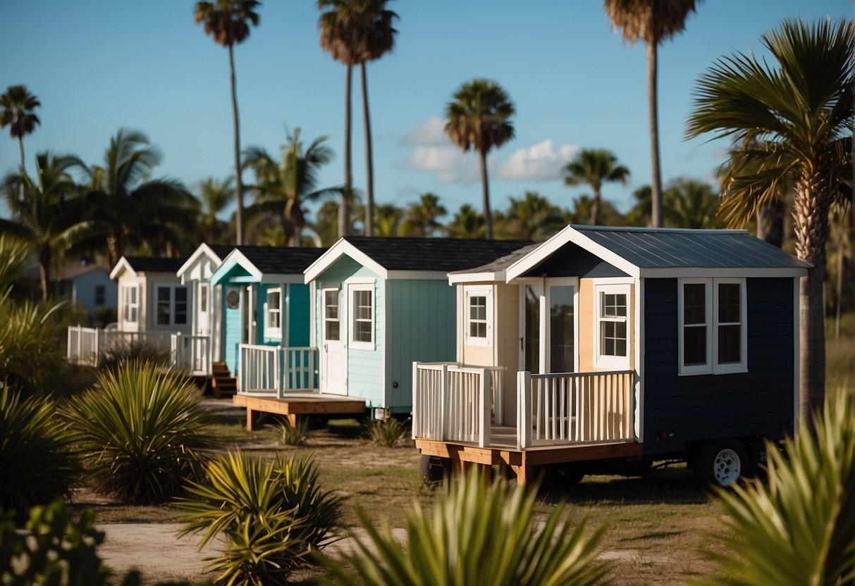 Tiny houses dot a lush Florida landscape, nestled among palm trees and overlooking the sparkling ocean