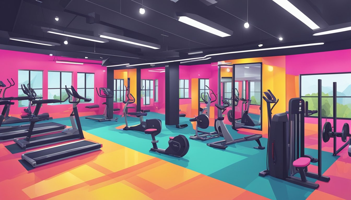 The gym is filled with modern equipment and vibrant colors. Mirrors line the walls, reflecting the energy of the space. The logo of Heart Beat Gym is prominently displayed, adding a sense of identity to the scene