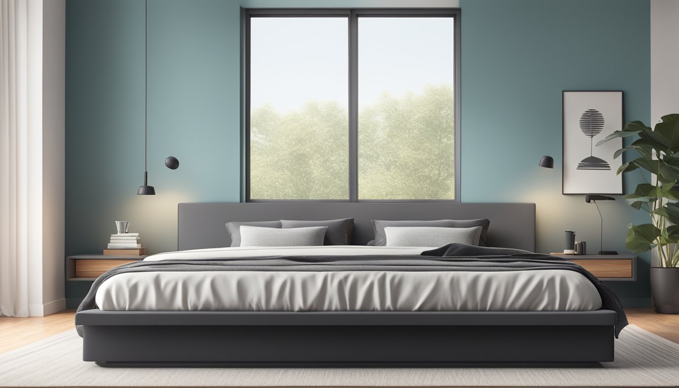 A sleek, modern king size bed frame with built-in storage, set against a minimalist bedroom backdrop