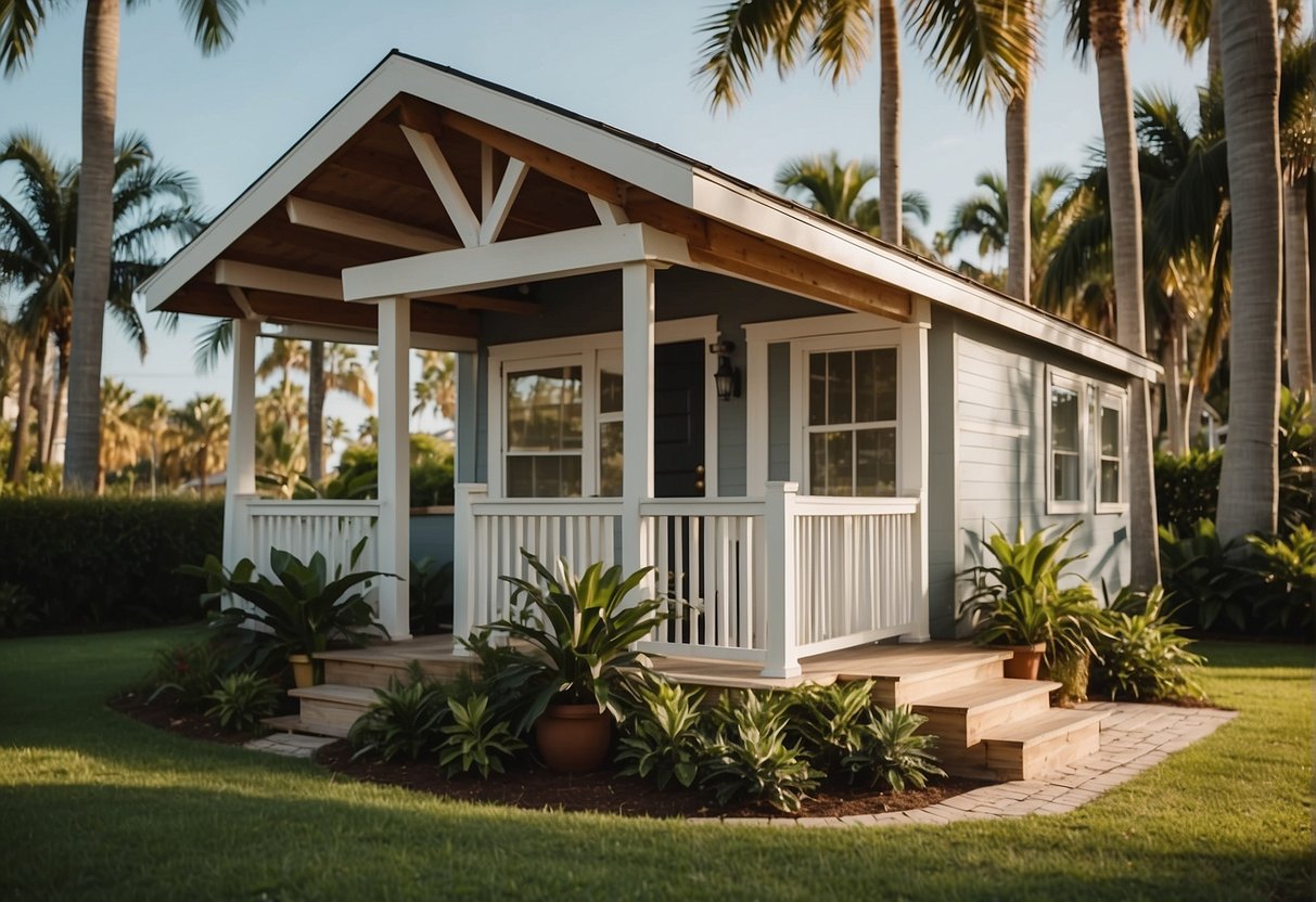 A tiny house nestled in a Florida neighborhood, surrounded by lush greenery and palm trees. The house is well-maintained and fits seamlessly within the local zoning regulations