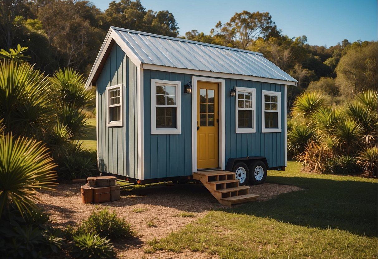 A tiny house nestled in a lush Florida landscape, with a clear blue sky and warm sunshine. A sign nearby indicates the legal status of tiny houses in the state