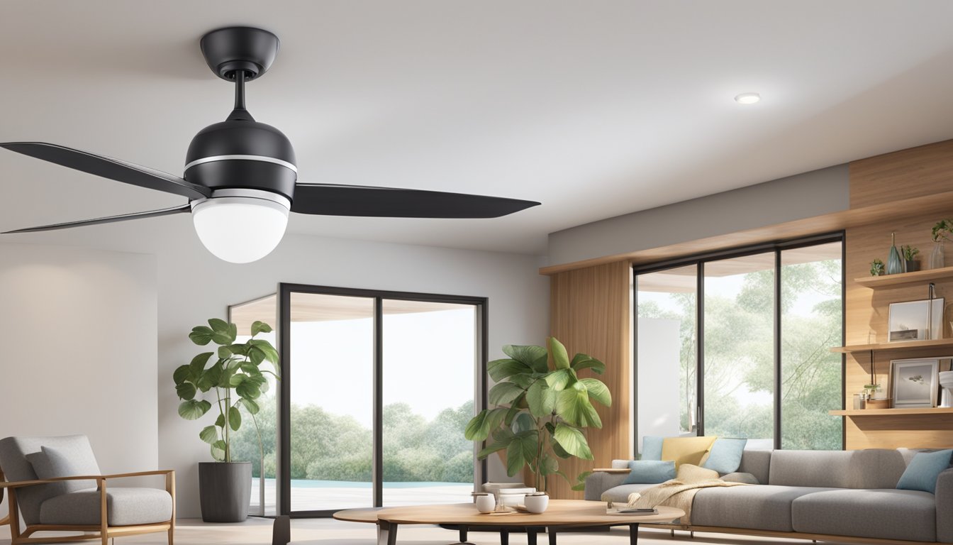 A 5-blade ceiling fan and a 4-blade ceiling fan side by side, rotating at the same speed. The 5-blade fan appears to move air more efficiently and creates a stronger breeze