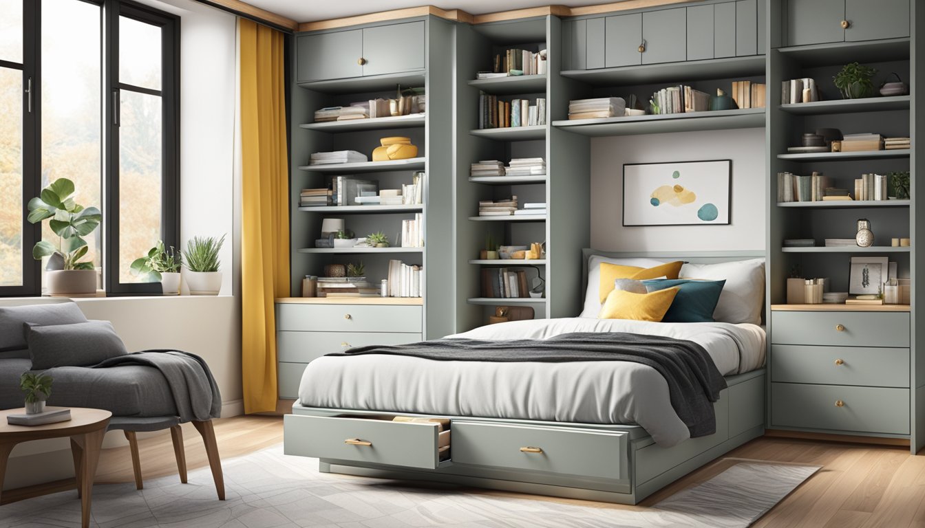 A clutter-free bedroom with a sleek storage bed, under-bed drawers, and built-in shelves for books and decor