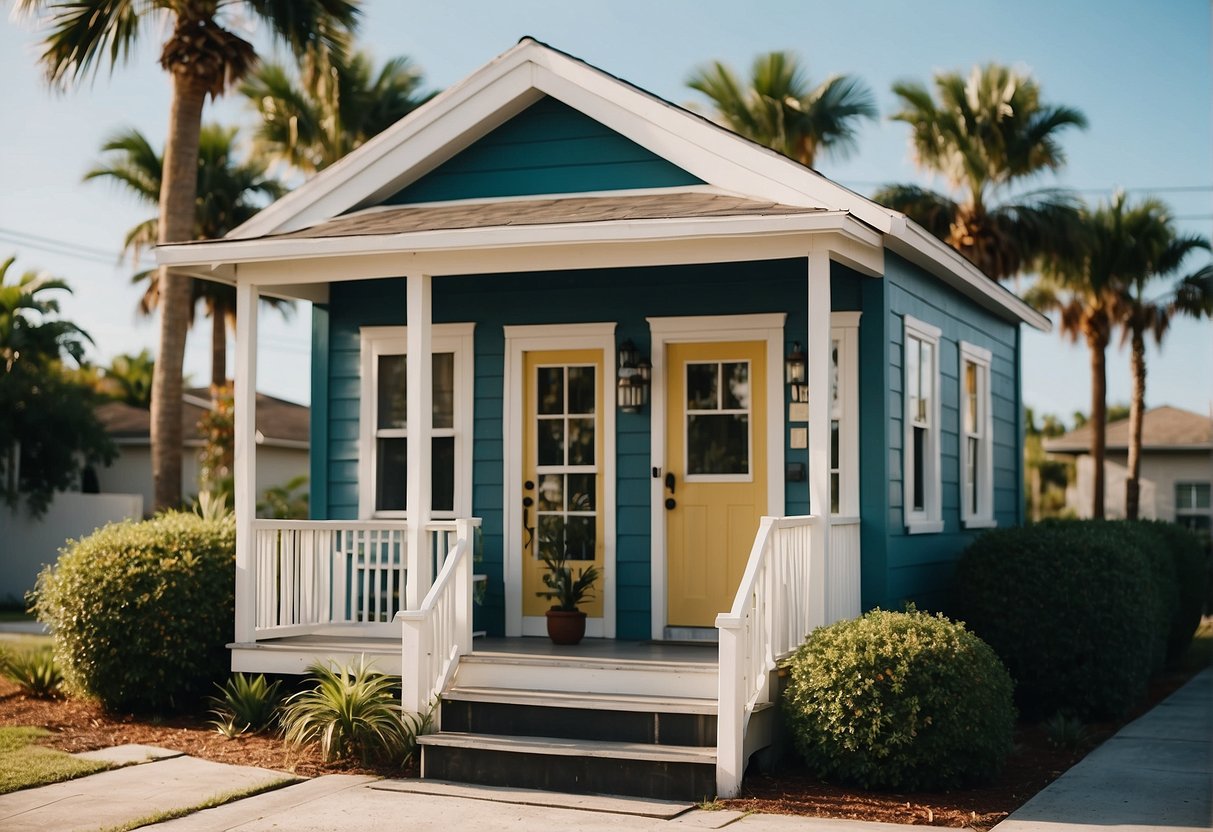 A tiny house sits on a sunny Florida lot, surrounded by palm trees and a clear blue sky. The house is compact yet charming, with a welcoming front porch and vibrant green landscaping