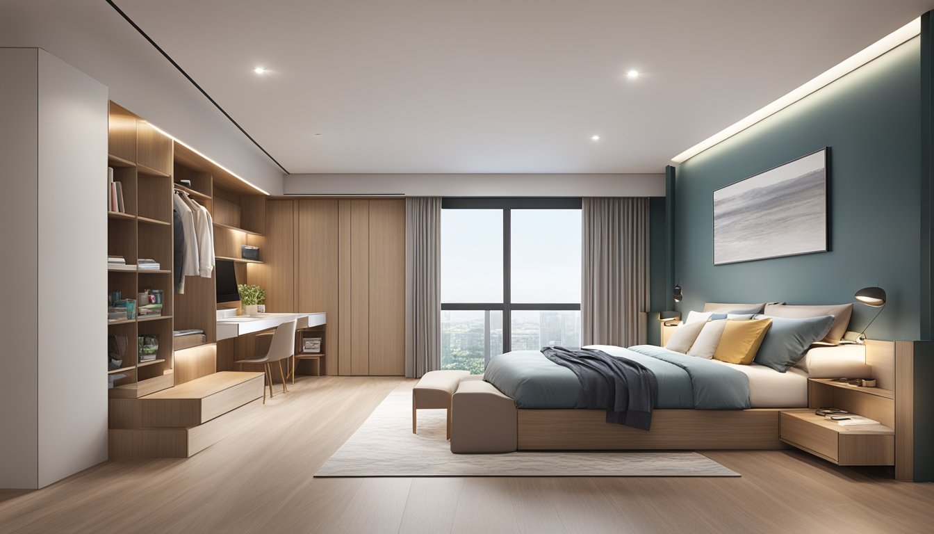 A modern bedroom with a sleek storage bed in Singapore, featuring clean lines and hidden compartments for organization