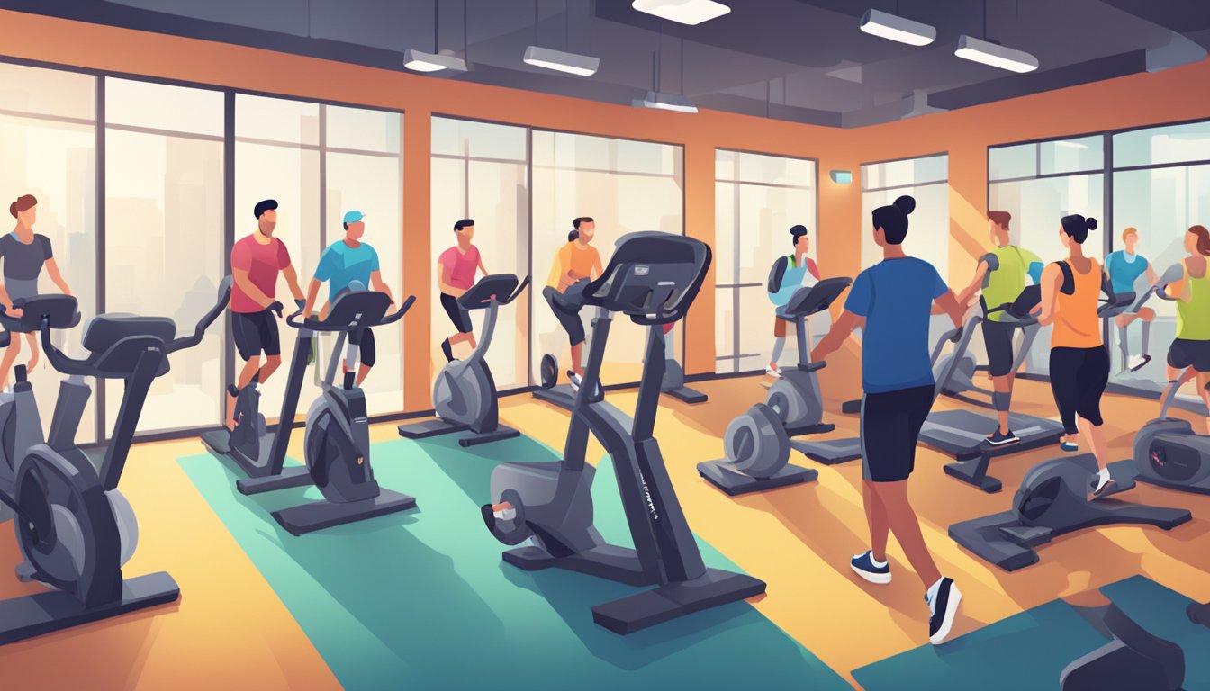 The gym is bustling with activity as people ask questions about heart rate monitors. The atmosphere is energetic and lively