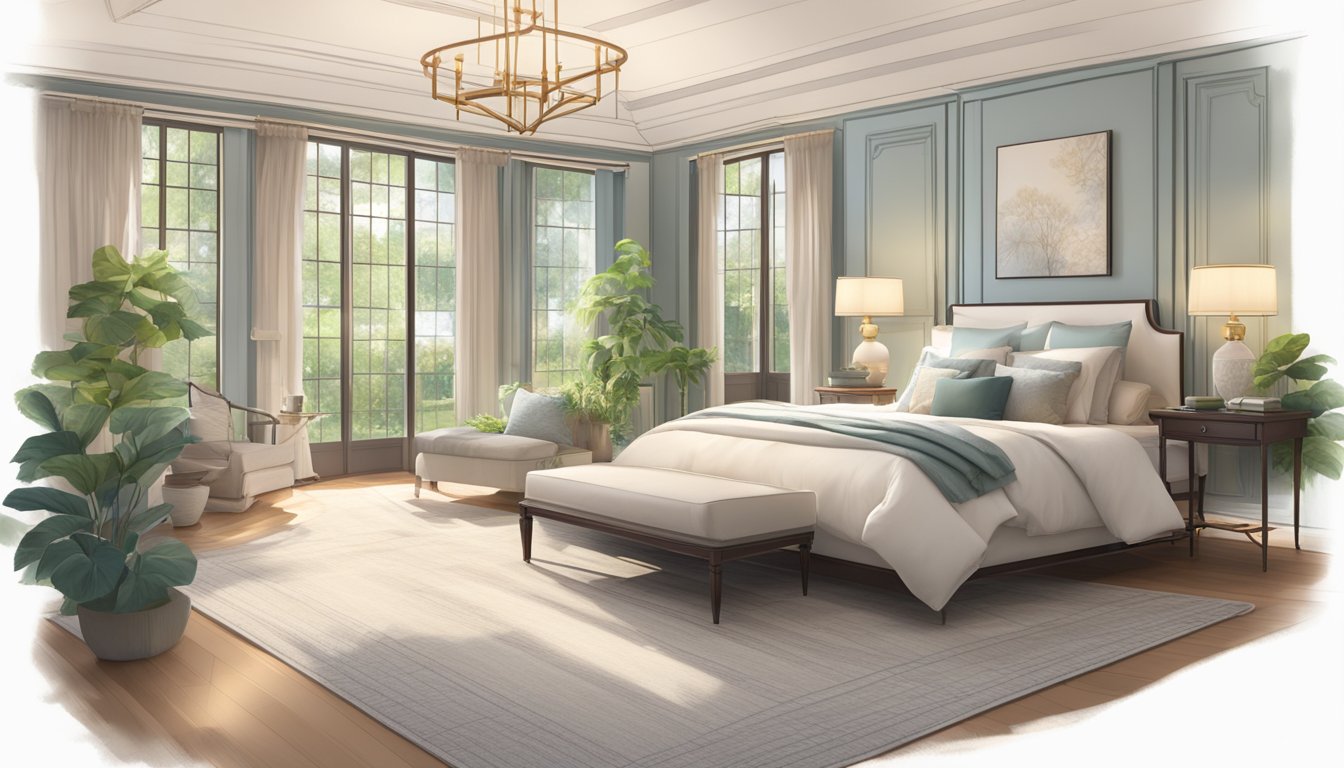 A spacious master bedroom with a king-sized bed, elegant furniture, soft lighting, and a large window overlooking a serene garden
